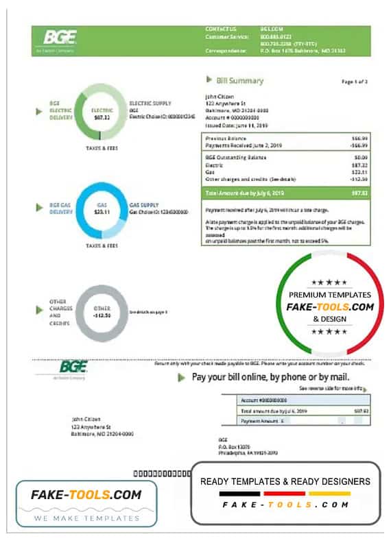 USA Maryland Baltimore Gas and Electric (BGE) utility bill template in Word and PDF format USA Maryland Baltimore Gas and Electric (BGE) utility bill template in Word and PDF format