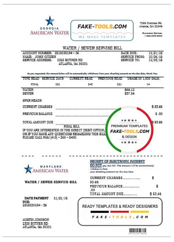 USA Maryland Georgia Water utility bill template in Word and PDF format (.doc and .pdf) USA Maryland Georgia Water utility bill template in Word and PDF format (.doc and .pdf)