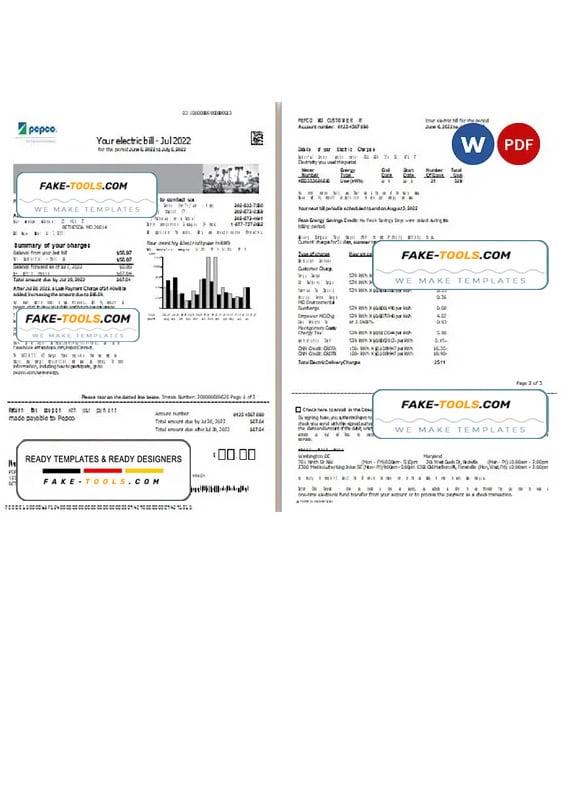 USA Maryland Pepco utility bill, Word and PDF template, 3 pages USA Maryland Pepco utility bill, Word and PDF template, 3 pages