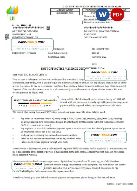 USA Massachusetts Chelsea The United Illuminating Company utility bill shutoff notice, Word and PDF template USA Massachusetts Chelsea The United Illuminating Company utility bill shutoff notice, Word and PDF template