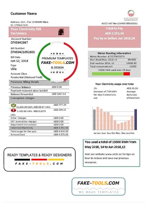 United Arab Emirates Abu Dhabi Distribution electricity utility bill template in Word and PDF format United Arab Emirates Abu Dhabi Distribution electricity utility bill template in Word and PDF format