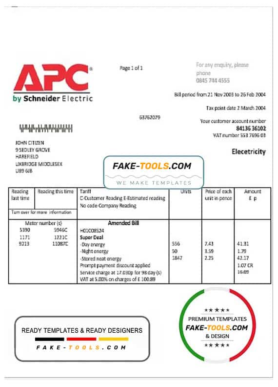 United Kingdom APC electricity utility bill template in Word and PDF format United Kingdom APC electricity utility bill template in Word and PDF format