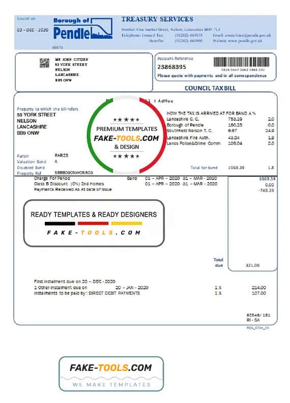 United Kingdom Borough of Pendle council tax bill template in Word and PDF format United Kingdom Borough of Pendle council tax bill template in Word and PDF format