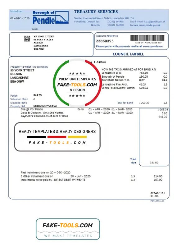 United Kingdom Borough of Pendle council tax bill template in Word and PDF format United Kingdom Borough of Pendle council tax bill template in Word and PDF format
