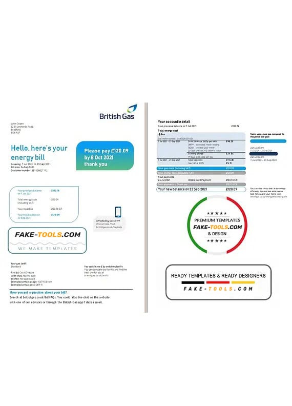 United Kingdom British Gas utility bill template in Word and PDF format (2 pages), version 3 United Kingdom British Gas utility bill template in Word and PDF format (2 pages), version 3