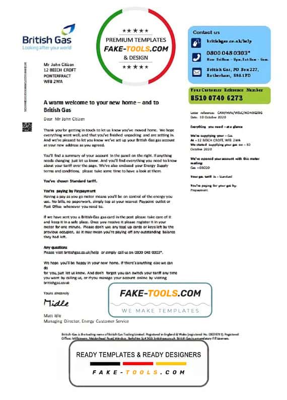 United Kingdom British Gas utility bill template in Word and PDF format, version 2 United Kingdom British Gas utility bill template in Word and PDF format, version 2