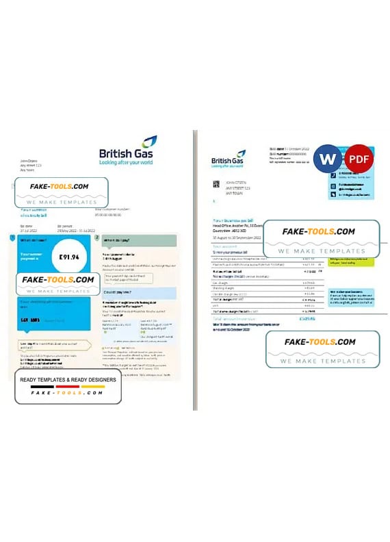 United Kingdom British Gas bill, Word and PDF template, 2 pages United Kingdom British Gas bill, Word and PDF template, 2 pages