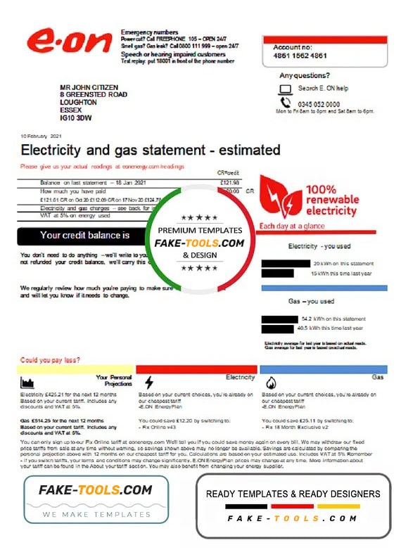 United Kingdom E.ON utility bill template in Word and PDF format, version 3 United Kingdom E.ON utility bill template in Word and PDF format, version 3