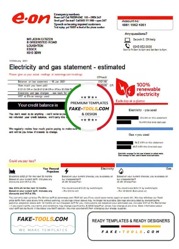 United Kingdom E.ON utility bill template in Word and PDF format, version 3 United Kingdom E.ON utility bill template in Word and PDF format, version 3