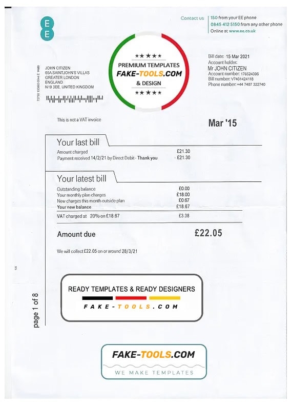 United Kingdom EE phone utility bill template, fully editable in PSD format United Kingdom EE phone utility bill template, fully editable in PSD format