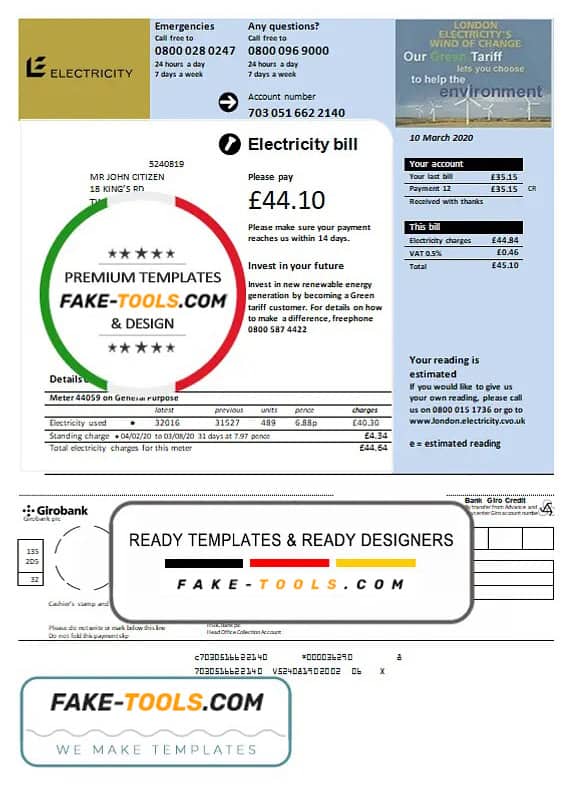 United Kingdom Electricity utility bill template in Word and PDF format United Kingdom Electricity utility bill template in Word and PDF format