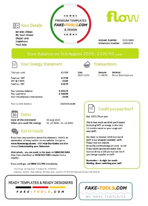 United Kingdom Flow Energy utility bill template in Word and PDF format United Kingdom Flow Energy utility bill template in Word and PDF format