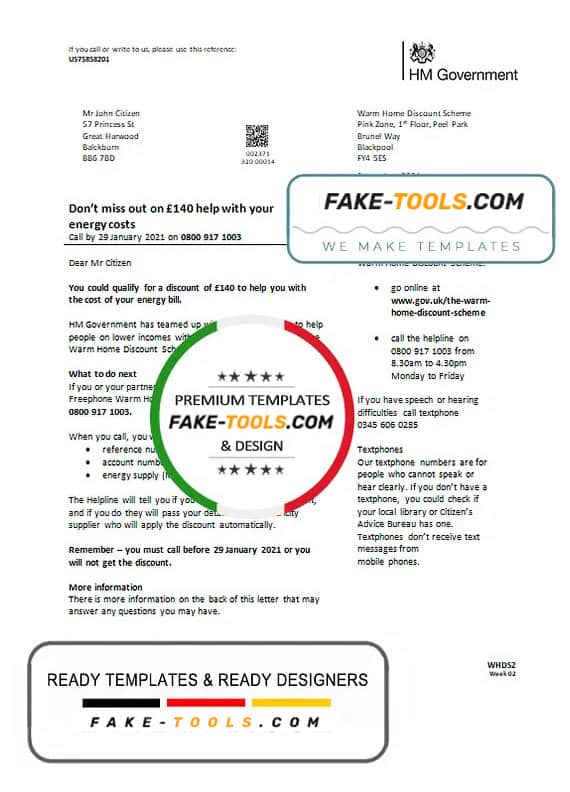 United Kingdom HM Government Warm Home Energy utility bill template in Word and PDF format United Kingdom HM Government Warm Home Energy utility bill template in Word and PDF format