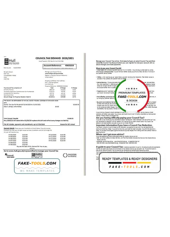 United Kingdom Hull City Council utility bill template in Word and PDF format, 2 pages United Kingdom Hull City Council utility bill template in Word and PDF format, 2 pages