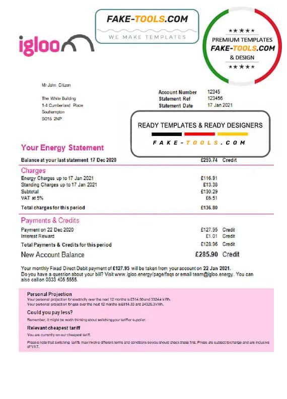 United Kingdom Igloo Energy utility bill template in Word and PDF format United Kingdom Igloo Energy utility bill template in Word and PDF format