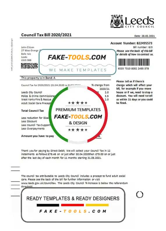 United Kingdom Leeds City Council tax bill template in Word and PDF format United Kingdom Leeds City Council tax bill template in Word and PDF format