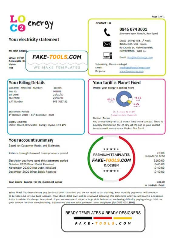 United Kingdom LoCO2 Energy utility bill template in Word and PDF format United Kingdom LoCO2 Energy utility bill template in Word and PDF format