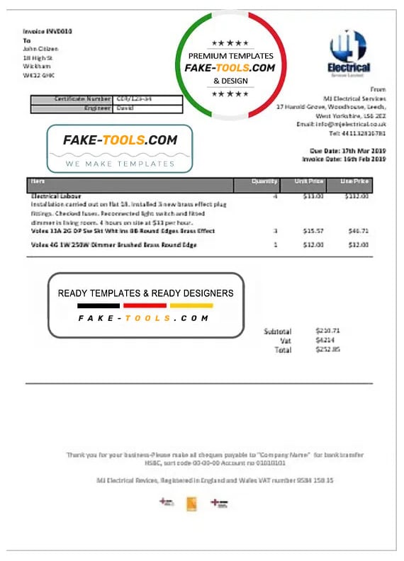 United Kingdom MJ Electrical proof of address utility bill template in Word and PDF format United Kingdom MJ Electrical proof of address utility bill template in Word and PDF format