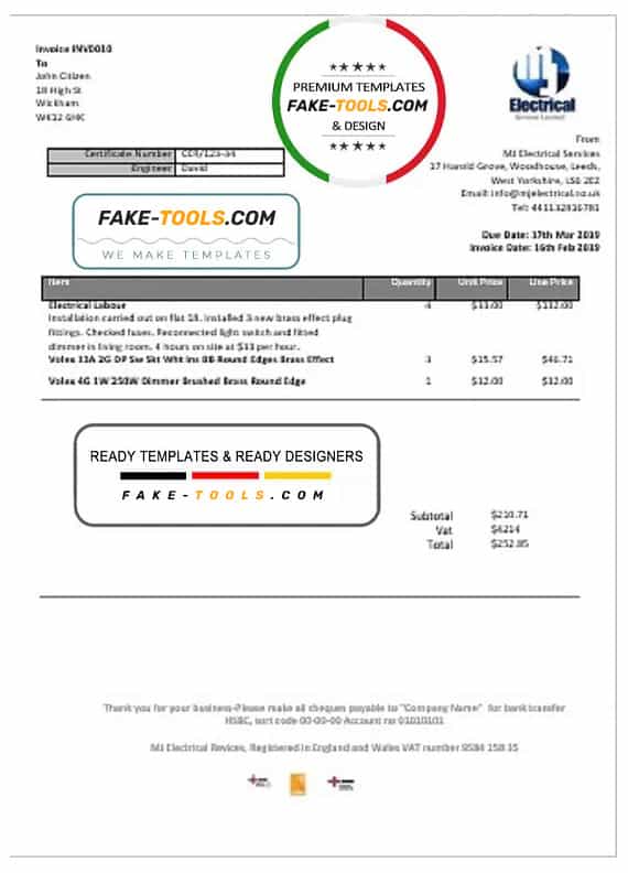 United Kingdom MJ Electrical proof of address utility bill template in Word and PDF format United Kingdom MJ Electrical proof of address utility bill template in Word and PDF format