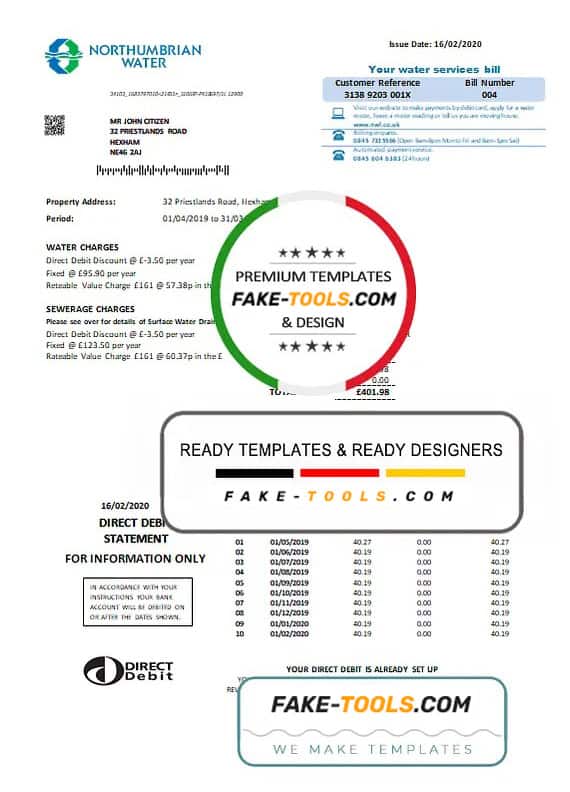 United Kingdom Northumbrian Water utility bill template in Word and PDF format, version 2 United Kingdom Northumbrian Water utility bill template in Word and PDF format, version 2