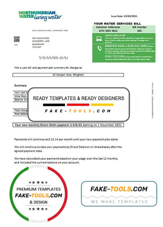 United Kingdom Northumbrian Water utility bill template in Word and PDF format, version 1 United Kingdom Northumbrian Water utility bill template in Word and PDF format, version 1