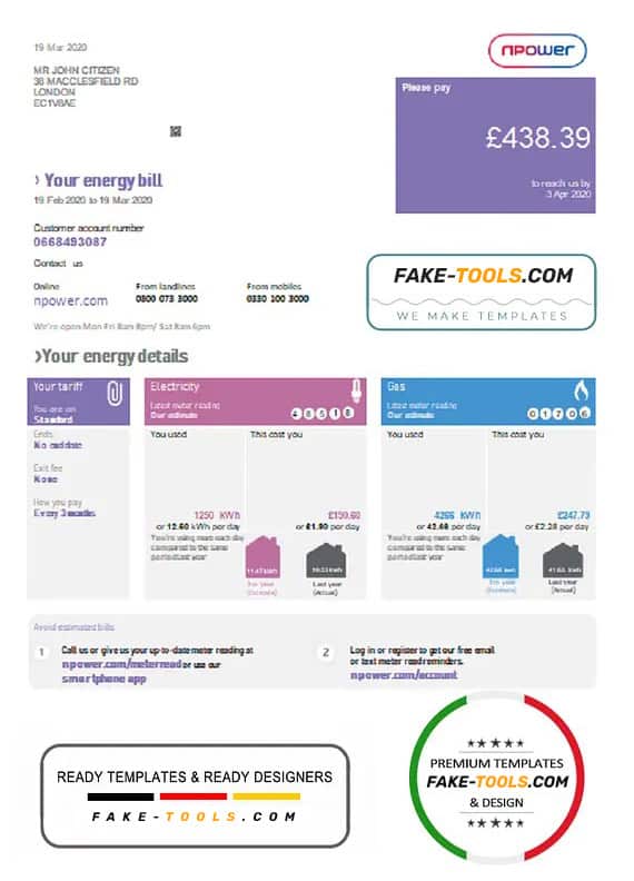 United Kingdom Npower utility bill template in Word and PDF format United Kingdom Npower utility bill template in Word and PDF format