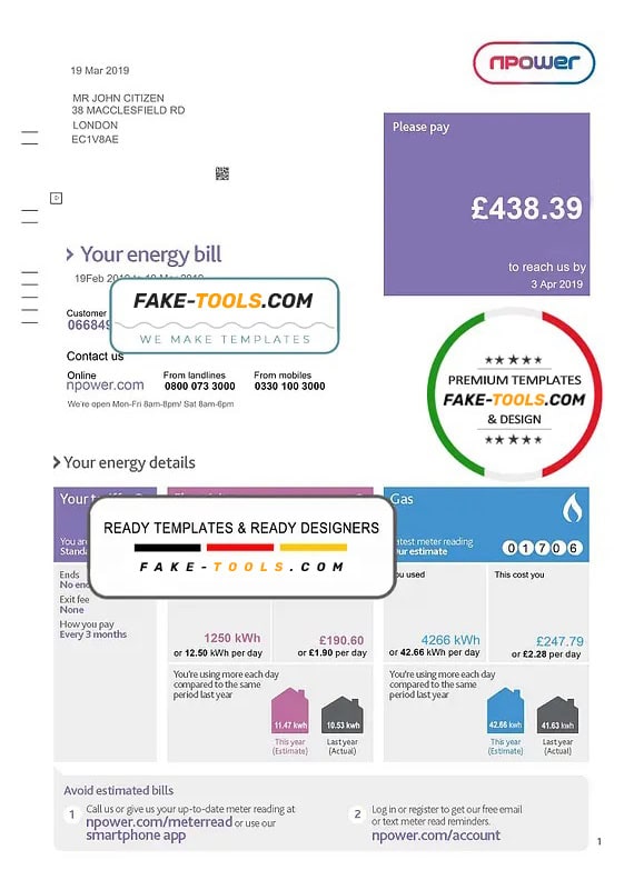 United Kingdom Npower utility bill template, fully editable in PSD format United Kingdom Npower utility bill template, fully editable in PSD format