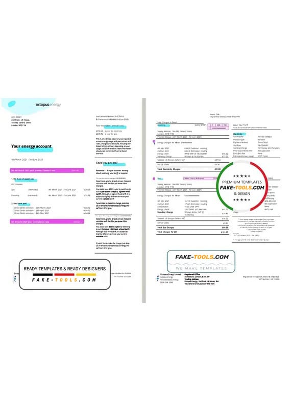United Kingdom Octopus Energy utility bill template in Word and PDF format, 3 pages United Kingdom Octopus Energy utility bill template in Word and PDF format, 3 pages