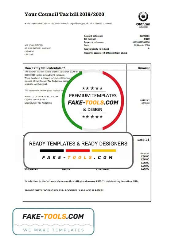 United Kingdom Oldham council tax bill template in Word and PDF format United Kingdom Oldham council tax bill template in Word and PDF format