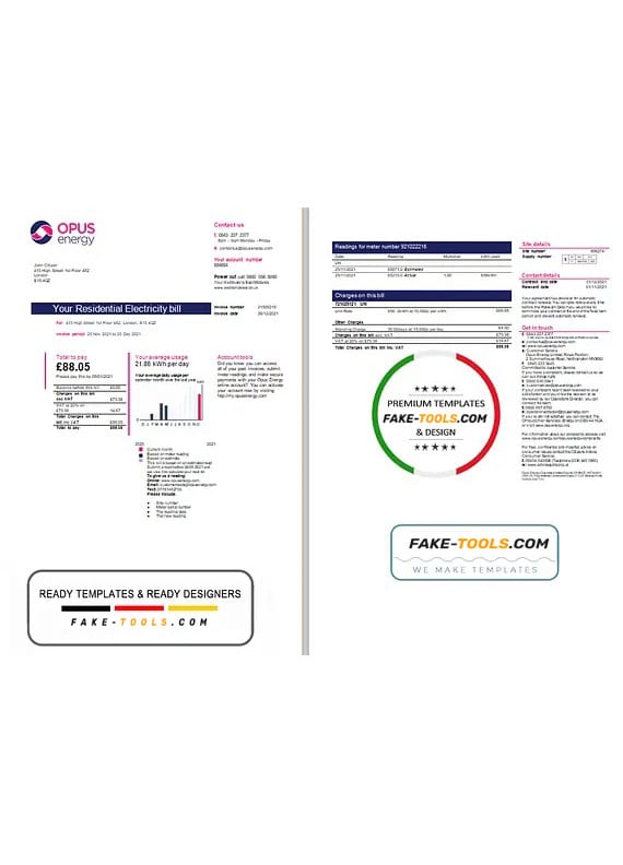 United Kingdom Opus Energy electricity utility bill template in Word and PDF format (2 pages) United Kingdom Opus Energy electricity utility bill template in Word and PDF format (2 pages)