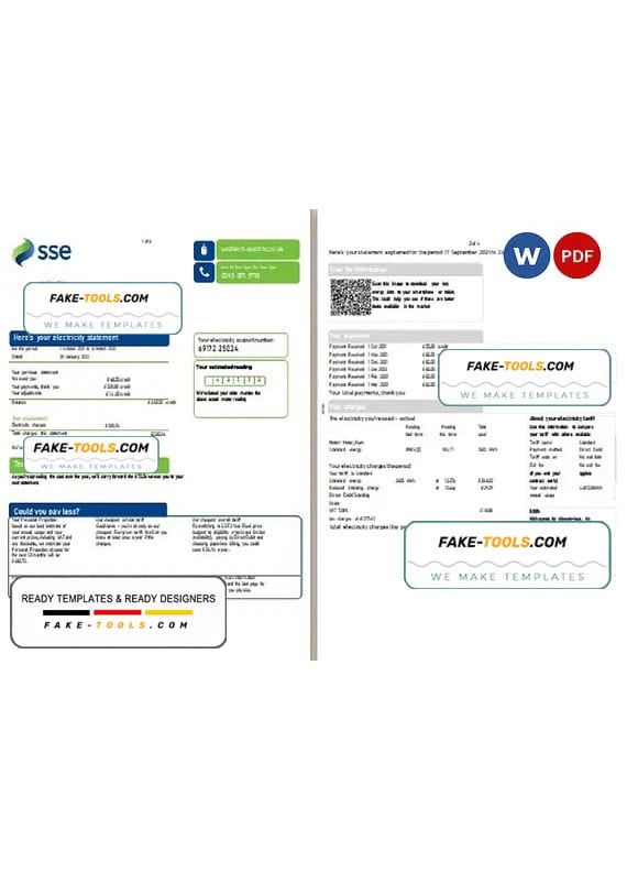 United Kingdom SSE Energy utility bill, Word and PDF template, 4 pages United Kingdom SSE Energy utility bill, Word and PDF template, 4 pages