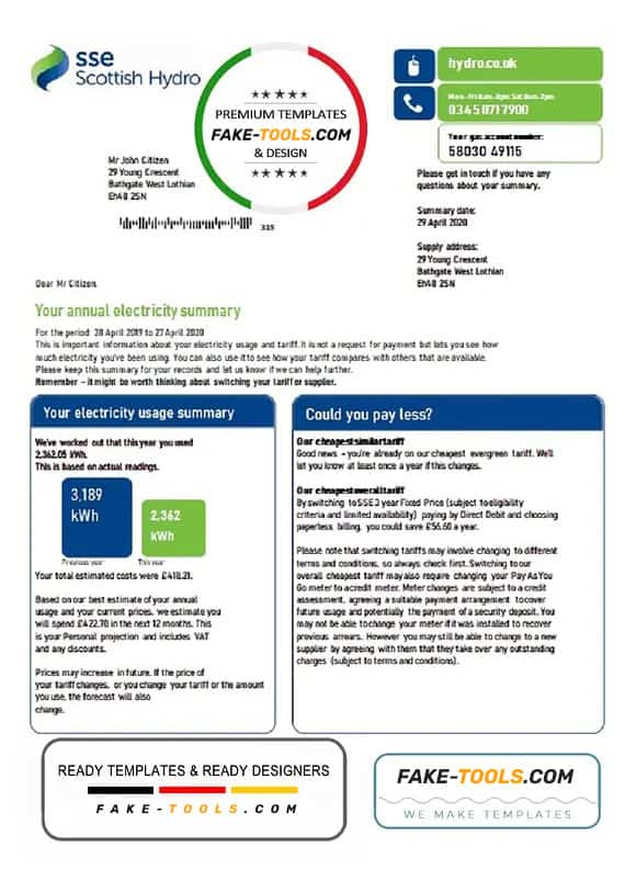 United Kingdom SSE Energy utility bill template in Word and PDF format, version 2 United Kingdom SSE Energy utility bill template in Word and PDF format, version 2