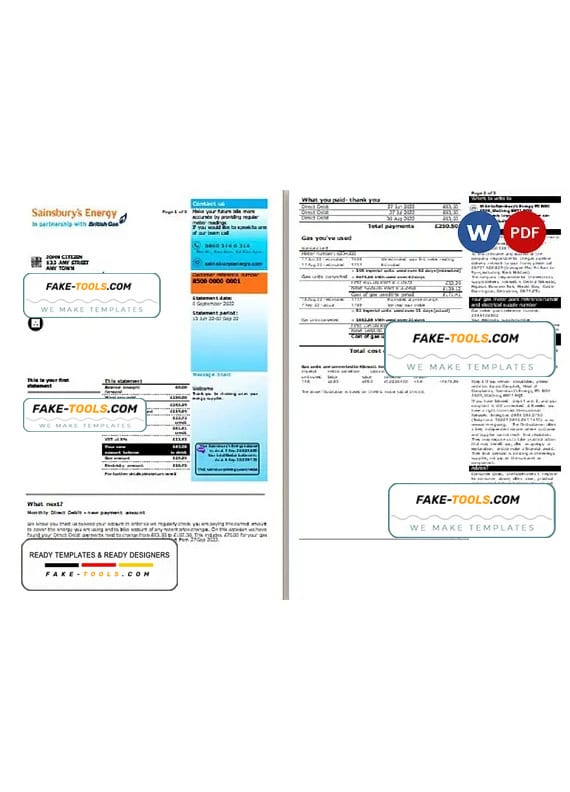 United Kingdom Sainsbury’s Energy (British Gas) bill, Word and PDF template, 3 pages United Kingdom Sainsbury’s Energy (British Gas) bill, Word and PDF template, 3 pages