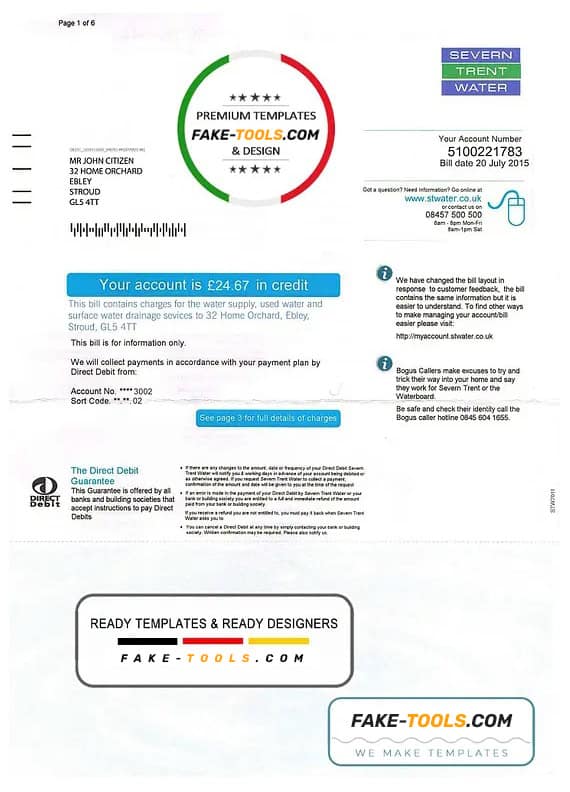 United Kingdom Severn Trent Water utility bill template, fully editable in PSD format United Kingdom Severn Trent Water utility bill template, fully editable in PSD format