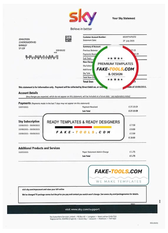 United Kingdom Sky utility bill template, fully editable in PSD format United Kingdom Sky utility bill template, fully editable in PSD format