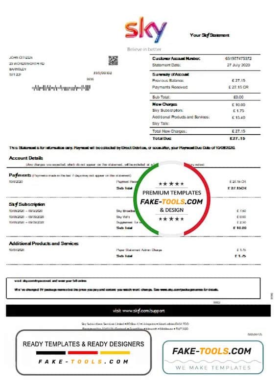 United Kingdom Sky utility bill template statement in Word and PDF format United Kingdom Sky utility bill template statement in Word and PDF format