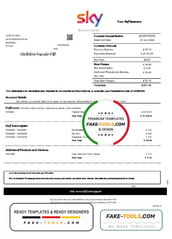 United Kingdom Sky utility bill template statement in Word and PDF format United Kingdom Sky utility bill template statement in Word and PDF format