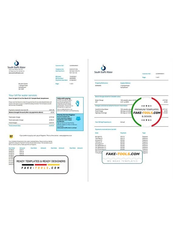 United Kingdom South Staffs Water utility bill template in Word and PDF format, 2 pages United Kingdom South Staffs Water utility bill template in Word and PDF format, 2 pages