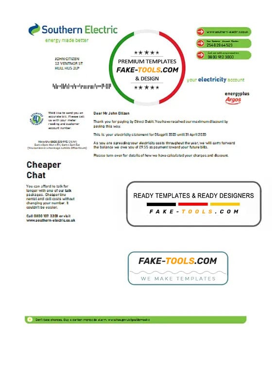 United Kingdom Southern Electric proof of address utility bill template in Word and PDF format United Kingdom Southern Electric proof of address utility bill template in Word and PDF format