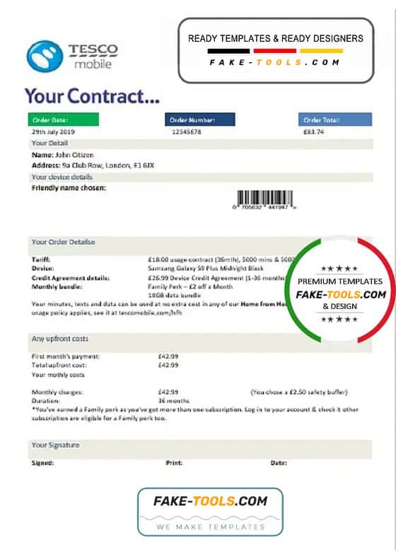 United Kingdom Tesco Mobile utility bill template in Word and PDF format United Kingdom Tesco Mobile utility bill template in Word and PDF format
