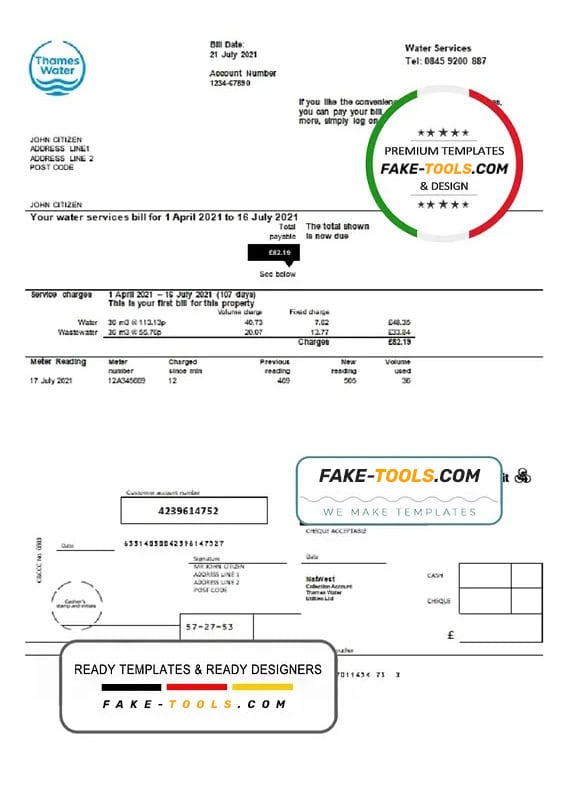 United Kingdom Thames Water utility bill template in Word and PDF format United Kingdom Thames Water utility bill template in Word and PDF format