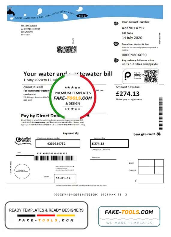 United Kingdom United Utilities water utility bill template in Word and PDF format United Kingdom United Utilities water utility bill template in Word and PDF format