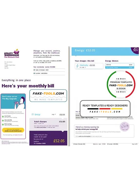 United Kingdom Utility Warehouse electricity utility bill template in Word and PDF format (6 pages) United Kingdom Utility Warehouse electricity utility bill template in Word and PDF format (6 pages)