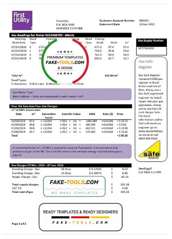 United Kingdom Warwick First Utility bill template in Word and PDF format United Kingdom Warwick First Utility bill template in Word and PDF format