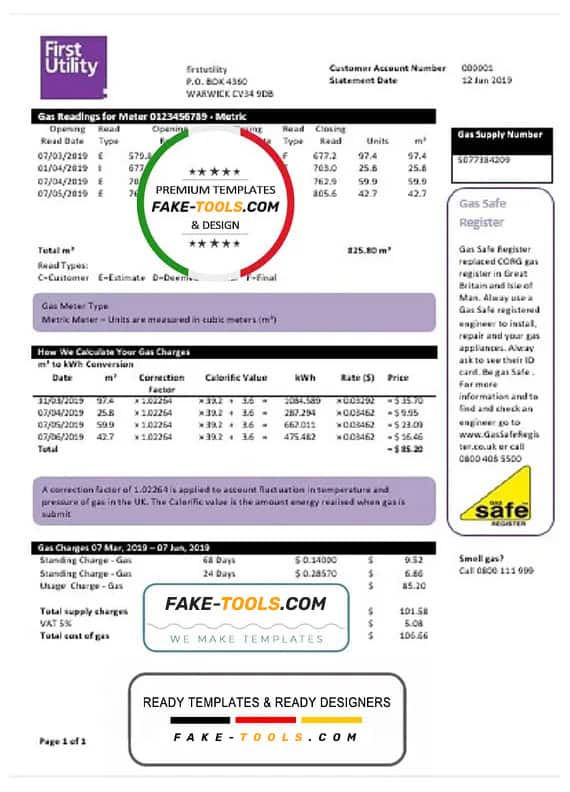 United Kingdom Warwick First Utility bill template in Word and PDF format United Kingdom Warwick First Utility bill template in Word and PDF format