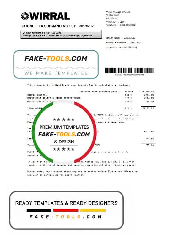 United Kingdom Wirral council tax bill template in Word and PDF format United Kingdom Wirral council tax bill template in Word and PDF format