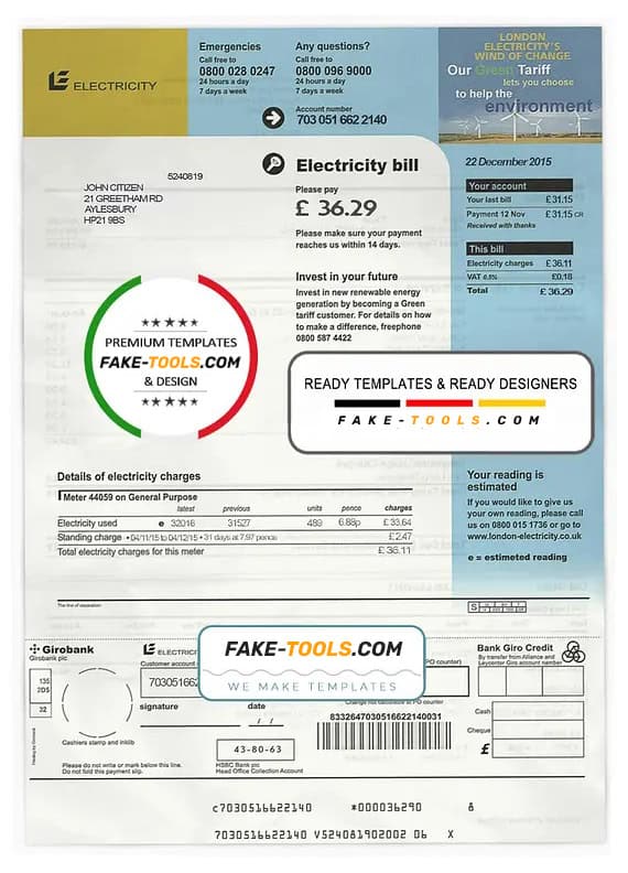 United Kingdom electricity utility bill template in PSD format United Kingdom electricity utility bill template in PSD format