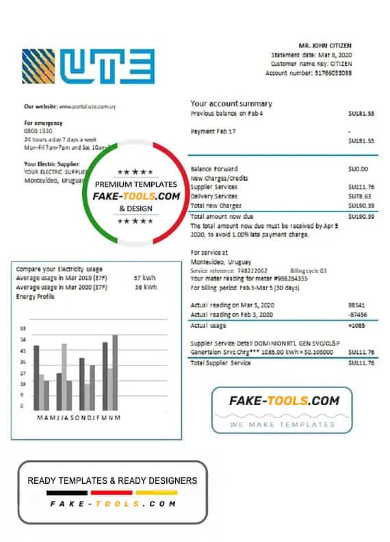 Uruguay UTE Company electricity utility bill template in Word and PDF format Uruguay UTE Company electricity utility bill template in Word and PDF format