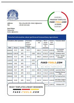 Afghanistan Da Afghanistan bank statement template in Excel an PDF format