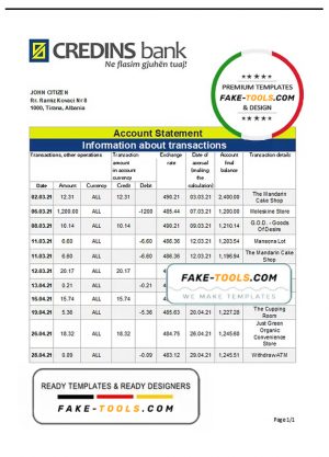 Albania Credins bank statement template in Excel and PDF format